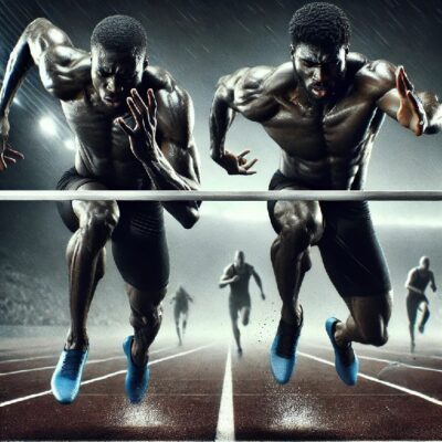 DALL·E 2025-02-27 21.22.04 - Two Black men sprinting in a competitive race, both reaching the finish line at the same time in a dramatic photo finish. Their muscles are tense, fac