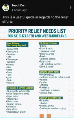 Priority Relief Needs List for St. Elizabeth and Westmoreland