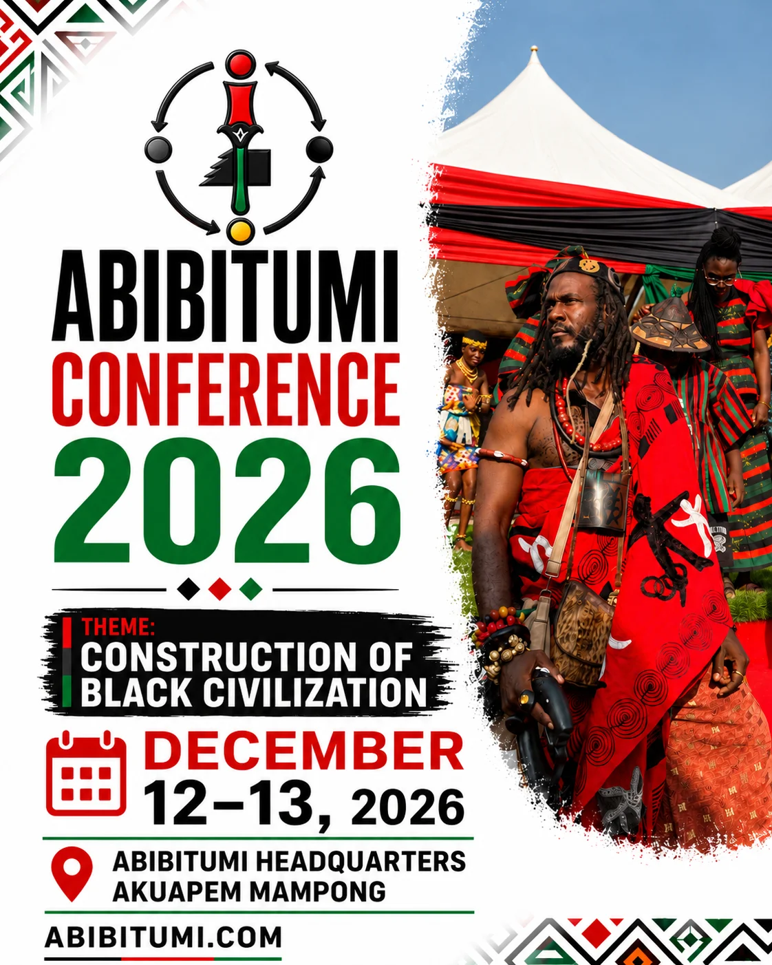 Official Abibitumi Conference 2026 flyer: Construction of Black Civilization, December 12-13, 2026, Abibitumi Headquarters, Akuapem Mampong.