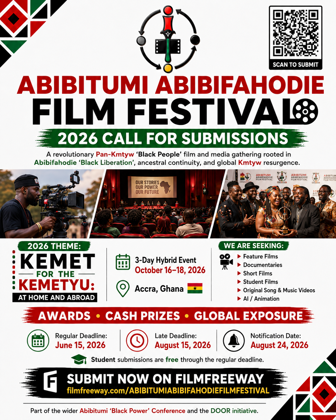 Abibitumi Abibifahodie Film Festival 2026 — October 16–18, Accra, Ghana. 3-Day Hybrid Event. Theme: Kemet for the Kemetyu.