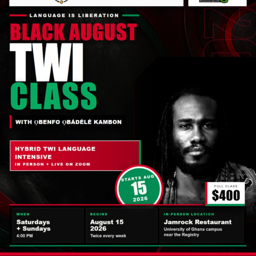 Black August Twi Class 2026 hybrid course at Jamrock Restaurant and on Zoom