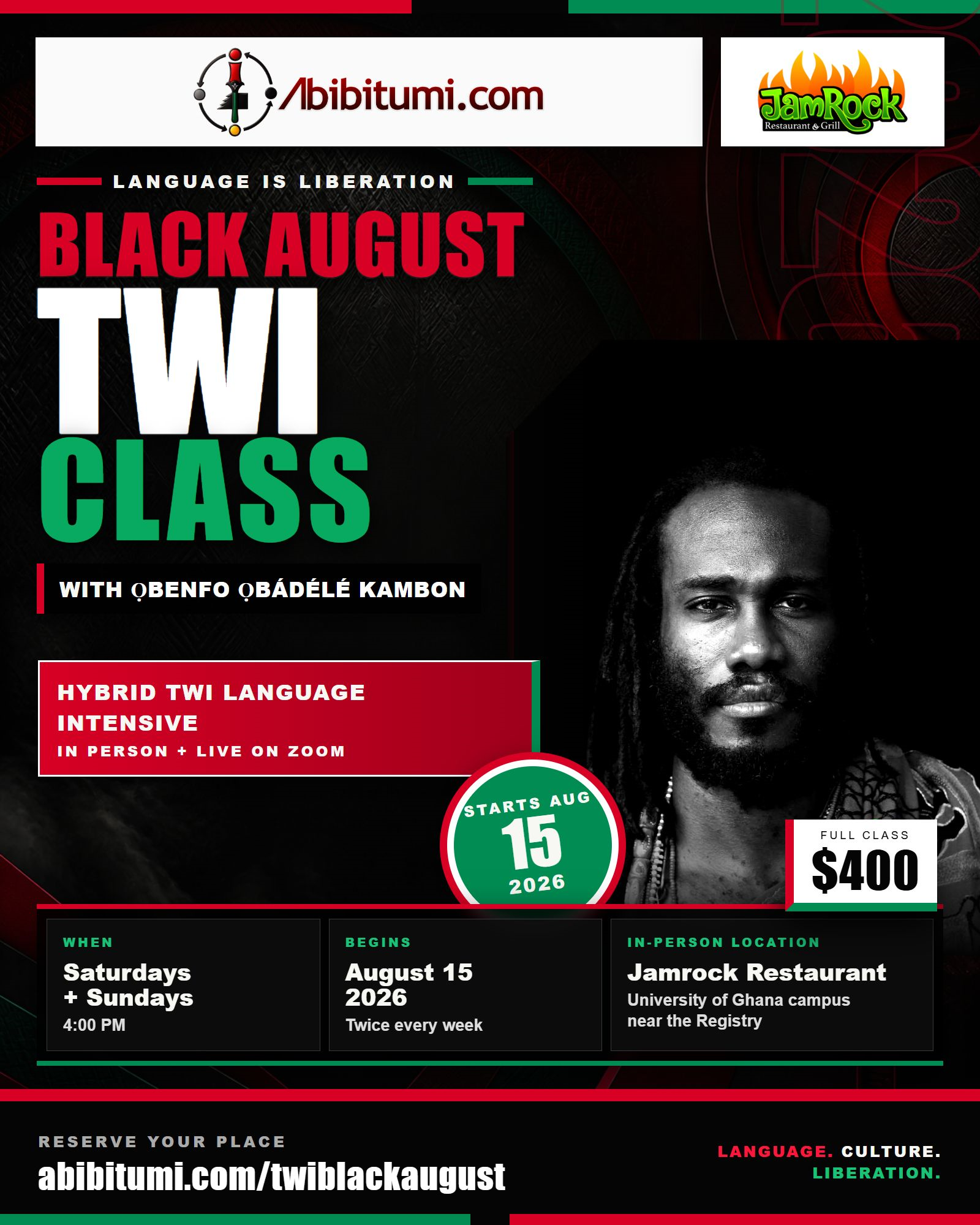 Black August Twi Class 2026 hybrid course at Jamrock Restaurant and on Zoom